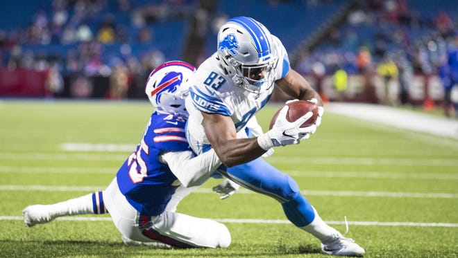 Lions' Dontez Ford stretches for a touchdown in the fourth quarter against the Bills on Aug. 31, 2017 at New Era Field in Orchard Park, New York.