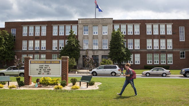 A student leaves Waynesboro High School in May of 2015.
