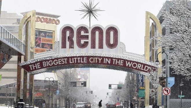A file photo showing downtown Reno covered in snow in January.