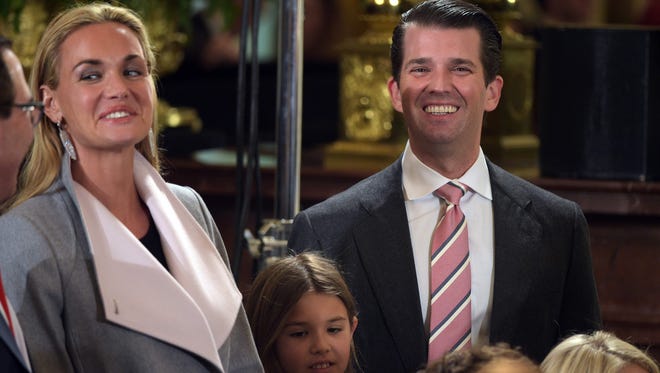 Trump Jr., his wife, Vanessa, and their daughter Kai attend the White House senior staff swearing-in on Jan. 22, 2017.
