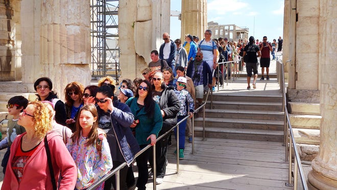 In Athens, a cruise-crowd queue forms at the Parthenon exit to catch their ship; arrive late in the day to avoid the rush hours.