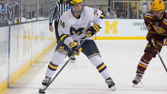 Nick Boka (74) is a Plymouth native who formerly played for the USA Hockey NTDP. He returns "home" Saturday night when Michigan faces the Under-18 team.