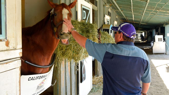 Assistant trainer Alan Sherman pets California Chrome prior to the Breeders' Cup Classic and Distaff post position draw, Monday, Oct. 27, 2014, in Arcadia, Calif. (AP Photo/Mark J. Terrill)