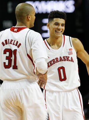 Nebraska guard Tai Webster smiles with guard Shavon Shields during the win against Tennesee-Martin.