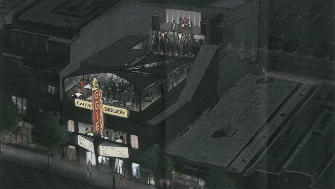 An architectural rendering of the exterior of a potentially remodeled Aggie Theatre.