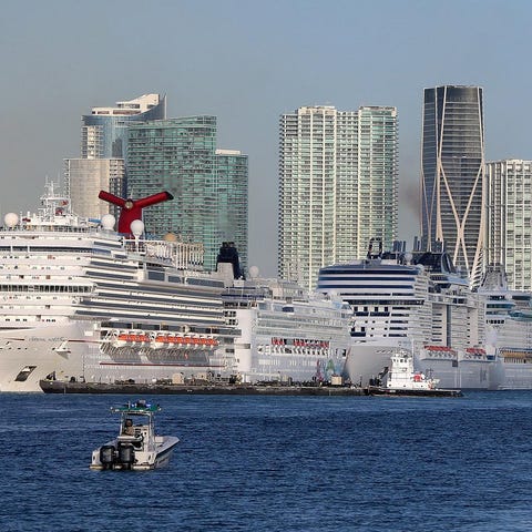 Cruise ships line up along Port Miami on March 15 