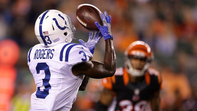 Indianapolis Colts wide receiver Chester Rogers (3) pulls in the catch during the second half of the game against the Cincinnati Bengals at Paul Brown Stadium on Thursday, September 1, 2016.