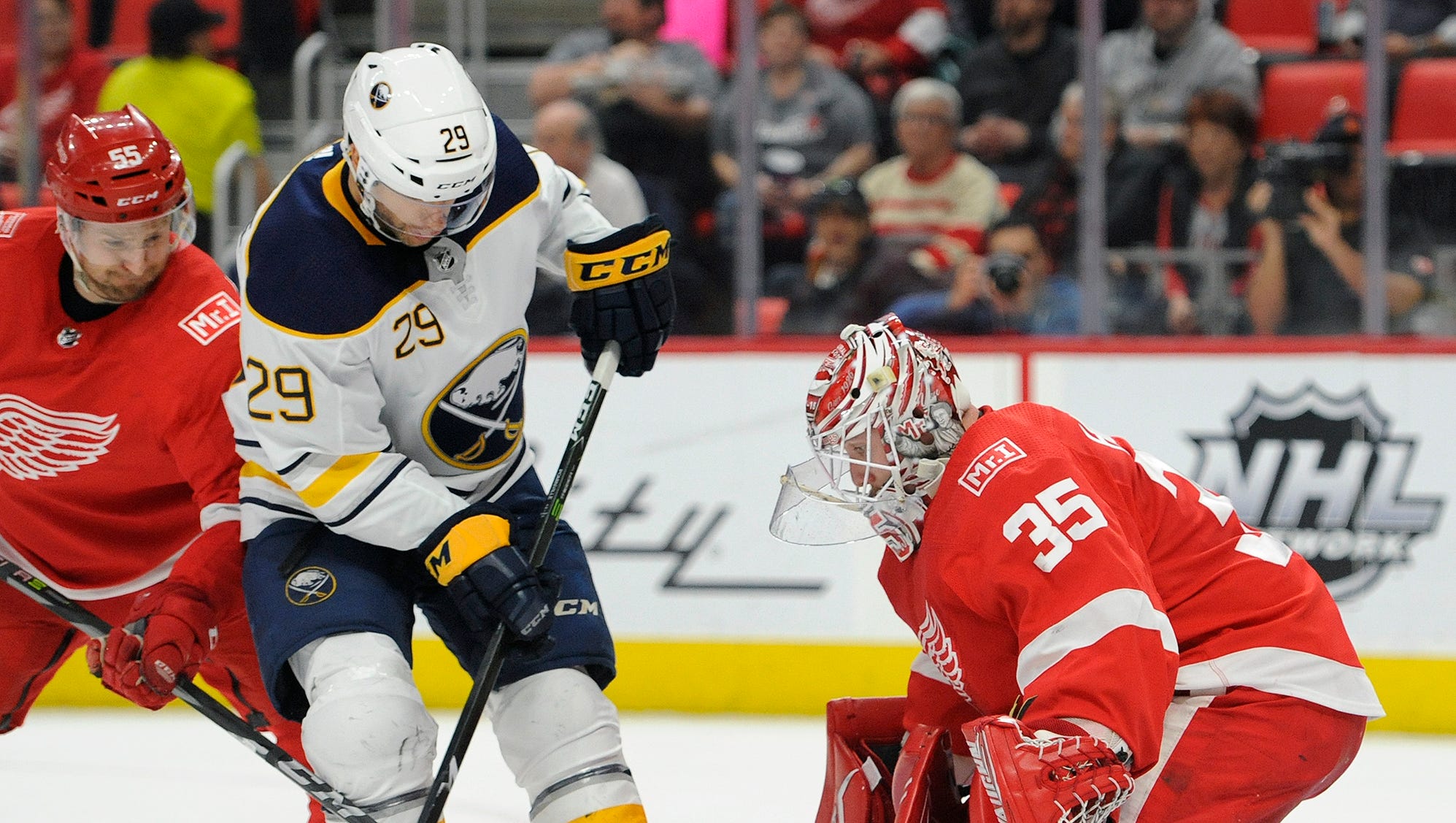 Sabres right wing Jason Pominville prepares to shoot on Red Wings goaltender Jimmy Howard during the first period Thursday, Feb. 22, 2018 in Detroit.