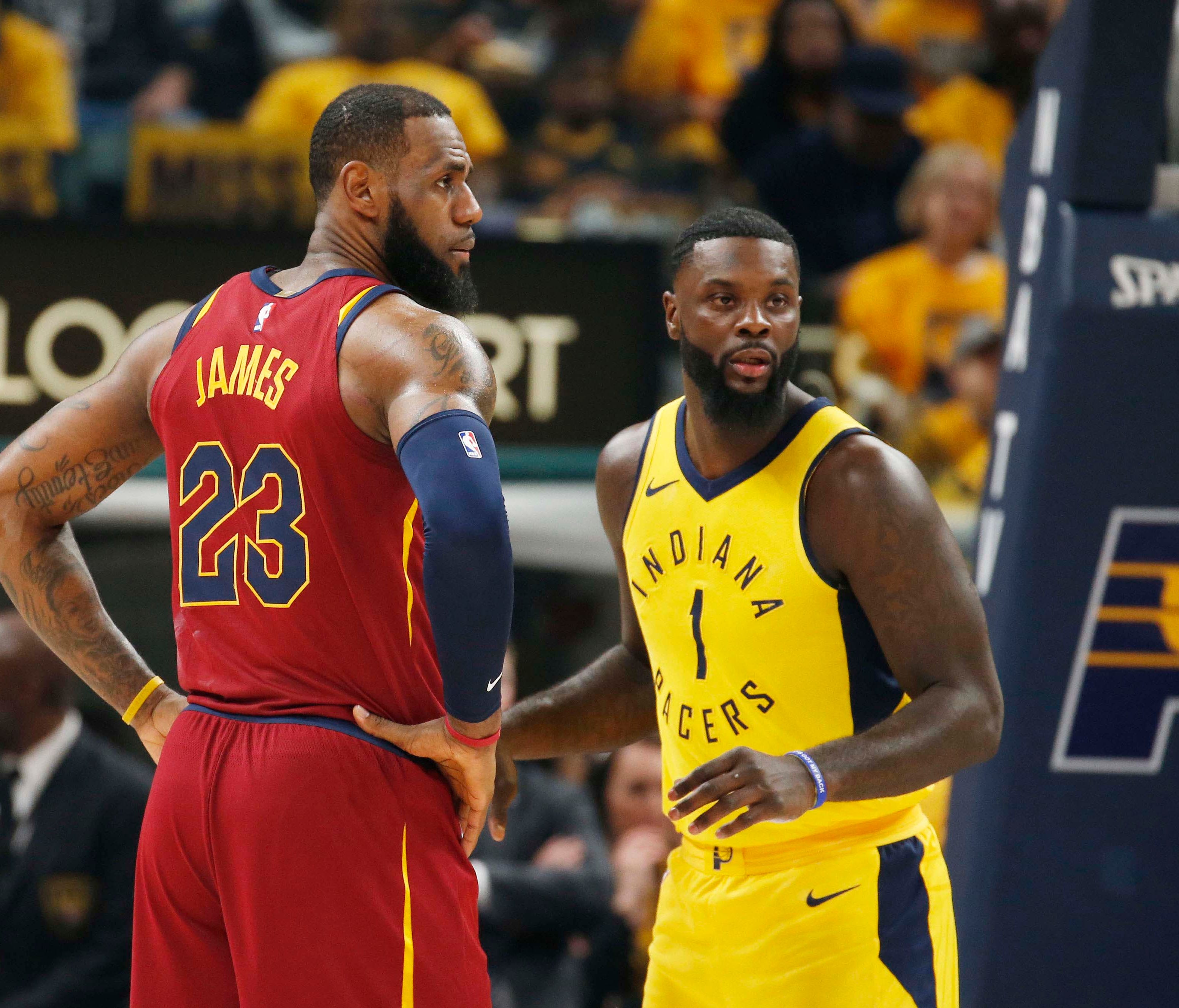 Cleveland Cavaliers forward LeBron James (23) is guarded by Indiana Pacers guard Lance Stephenson (1) during the first quarter in game three of the first round of the 2018 NBA Playoffs at Bankers Life Fieldhouse.