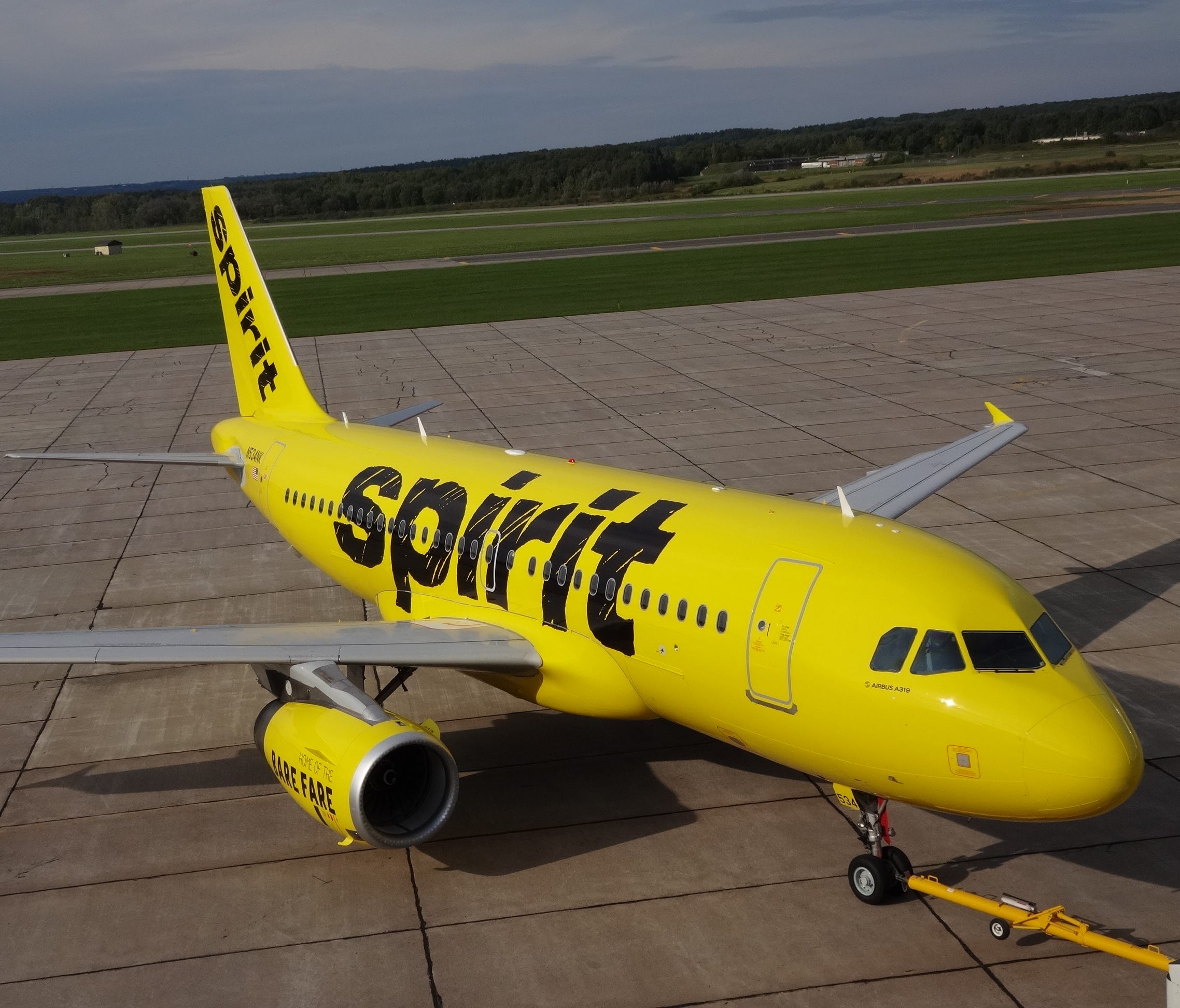 Spirit's first aircraft to get the airline's new paint scheme is rolled outside for photographs  at the Premier Aviation Overhaul Center in Rome, N.Y., on Sept. 15, 2014.