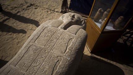 A sarcophagus that was discovered is displayed at...