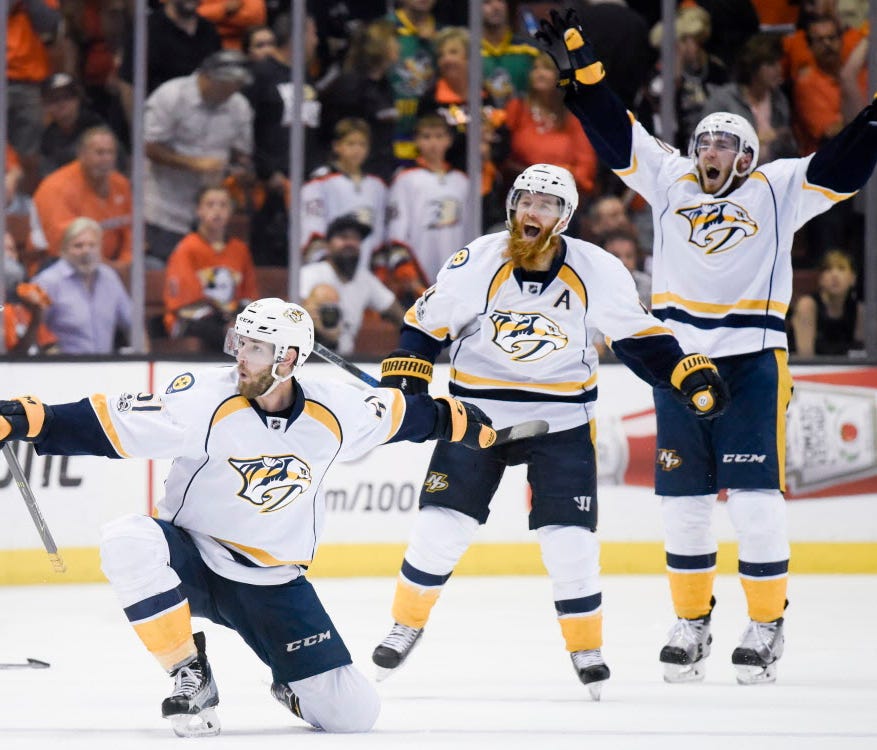 Nashville Predators left wing Austin Watson (51) celebrates an open net goal against the Anaheim Ducks during the third period in game five of the Western Conference Final of the 2017 Stanley Cup Playoffs at Honda Center.