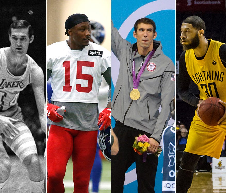 From left: Hall of Fame NBAer Jerry West, NFL player Brandon Marshall, Olympic legend Michael Phelps, former NBA player Royce White.