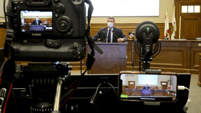 At a Wednesday news conference at City Hall, Tuscaloosa Mayor Walt Maddox discusses the emergency powers he was granted Tuesday by the Tuscaloosa City Council to help the city deal with the COVID-19 crisis.