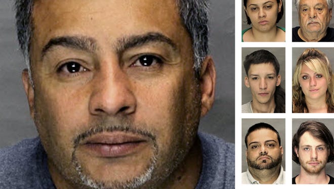 Police busted a drug ring they say was led by Julio Aviles Sr., pictured left. Ten others were charged. First row: Julio Aviles Jr., left, and Israel Nazario, right; second row: Suheidy Sota, left, and Carlos Nazario, right; third row: Michael Millan-Miranda, left, and Brittany Rivera, right; fourth row: Leandro Nazario, left, and Brent Moyer, right; and fifth row: Geidy Arroyo, left, and Brenda Sota, right.