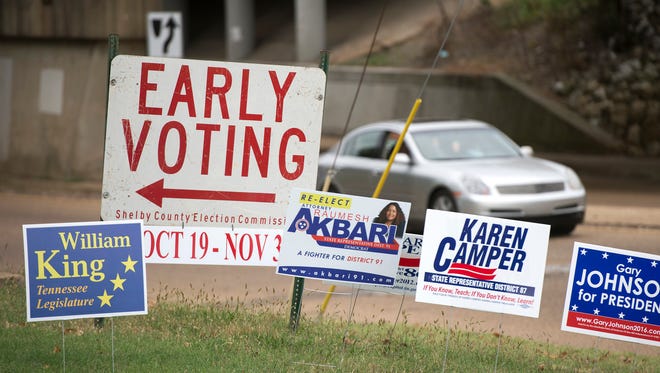 Political signs line the entrance to Glenview Community Center in Memphis, one of 20 early voting locations in Shelby County on Wednesday, Nov. 2, 2016. Early voting continues through Tuesday, Nov. 3, 2016.