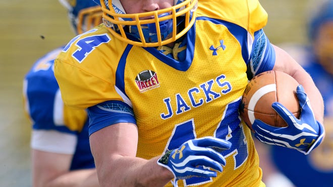 BROOKINGS, SD - APRIL 26:  Brady Mengarelli #44 from South Dakota State's offense breaks loose past the defense during their spring game Saturday at Coughlin Alumni Stadium in Brookings. (Photo by Dave Eggen/Inertia)