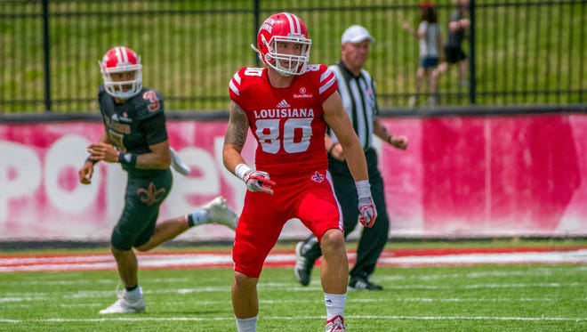 Tight end Chase Rogers, who considered leaving UL after a coaching change, takes part in the Ragin' Cajuns' 2018 spring game.