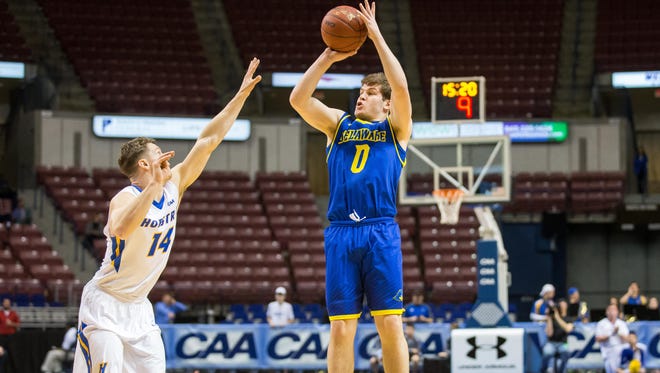Ryan Daly takes a shot en route to his 27 points in Delaware's CAA Tournament win  over Hofstra.