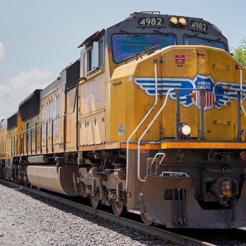 A Union Pacific train travels through Union, Neb.