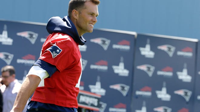 New England Patriots quarterback Tom Brady steps on the field for an NFL football minicamp practice, Tuesday, June 4, 2019, in Foxborough, Mass. (AP Photo/Steven Senne)