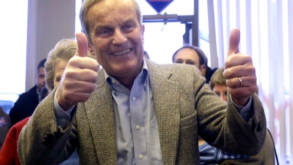 Missouri Republican Senate candidate, Rep. Todd Akin, R-Mo., gives two thumbs up as he enters a Republican campaign office to visit with supporters Monday, Nov. 5, 2012, in Florissant, Mo. Akin is running against Democratic incumbent Sen. Claire McCaskill.