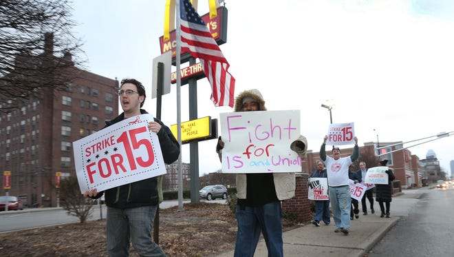 A fast-food/minimum wage protest near the McDonald's at 16th and Meridian Street in Indianapolis.