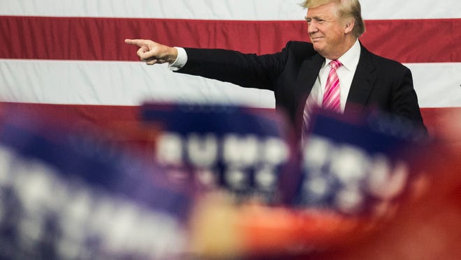 In this file photo, Donald J. Trump points out to the crowd as he makes his entrance during a campaign stop at Spooky Nook Sports Saturday, Oct. 1, 2016, in Manheim Township. Amanda J. Cain photo