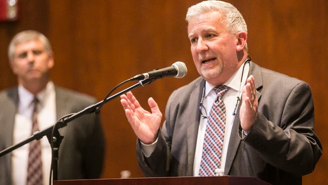State Sen. Mike Folmer, R-York and Lebanon, answers questions regarding Senate Bill 76 during a community education session hosted by the York Suburban school board Wednesday, Feb. 8, 2017, at York Suburban High School, in Spring Garden Township. The program also featured a presentation from Wayne McCullough of the Pennsylvania Association of School Business Officials (PASBO). Amanda J. Cain photo