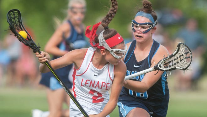 Lenape's Gabrielle Fornia, left, controls the ball as Shawnee's Dana Spires defends during the 2nd half of the South Jersey Group 4 final at Lenape High School in Medford on Wednesday. 05.27.15