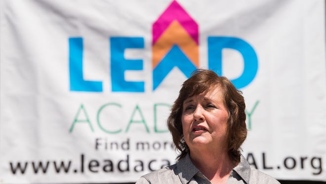 LEAD Academy chairperson Charlotte Meadows announces the location of LEAD Academy's campus on East Blvd. in Montgomery, Ala. on Thursday April 12, 2018.