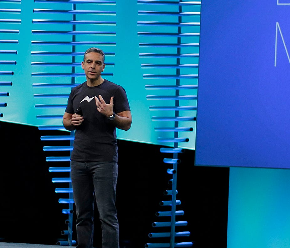 David Marcus, Facebook Vice President of Messaging Products, talks about bot for Messenger during the keynote address at F8 in 2016.
