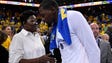 Kevin Durant greets his mother Wanda after Game 2.