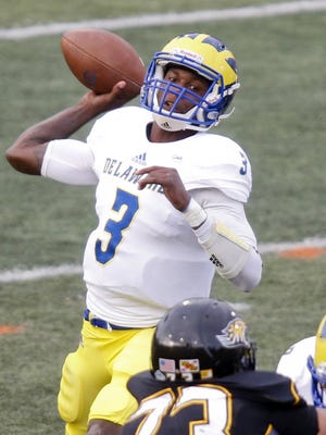 Delaware quarterback Joe Walker throws in the Blue Hens' 19-0 loss at Towson in 2015.