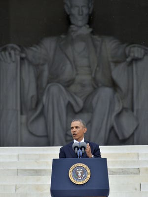 President Obama speaks to commemorate the 50th anniversary of the March on Washington at the Lincoln Memorial.