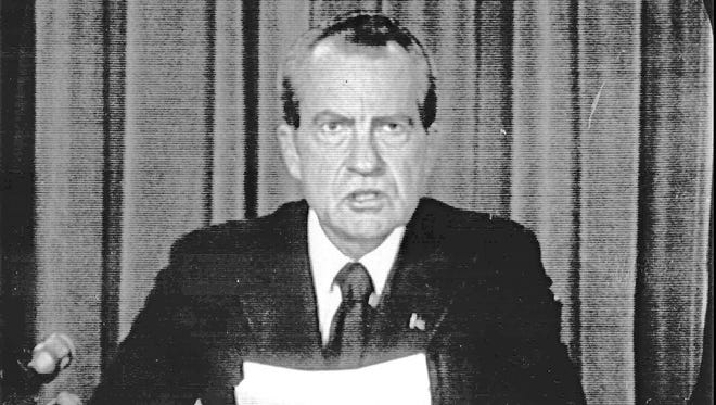 In this Associated Press file photo, President Richard Nixon appears on national television on Aug 8, 1974 to announce his resignation.