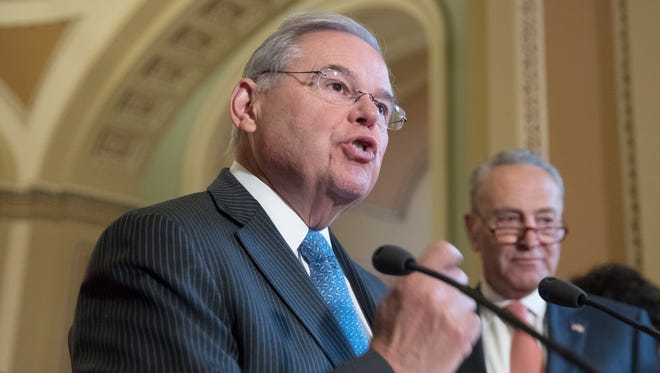 Sen. Bob Menendez speaks during a news conference with Democratic senators on Capitol Hill on July 11, 2017.