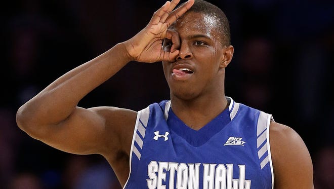 Seton Hall guard Isaiah Whitehead reacts after hitting a 3-point shot in the second half of an NCAA college basketball game against Xavier during the semifinals of the Big East men's tournament, Friday, March 11, 2016, in New York. Seton Hall won 87-83. (AP Photo/Julie Jacobson)