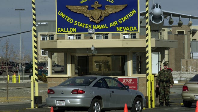 FILE PHOTO: Visitors enter the U.S. Naval Air Station near Fallon, Nev., in this file photo taken in January 2001.  (AP Photo/Bob Galbraith, File)