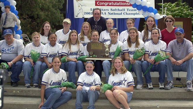 -

-The Lansing Community College women's softball team and coaches hold their championship trophy Thursday after a rally on campus for the LCC team celebrating their 2002 NJCAA National Women's Fast Pitch Softball Division II Championship.