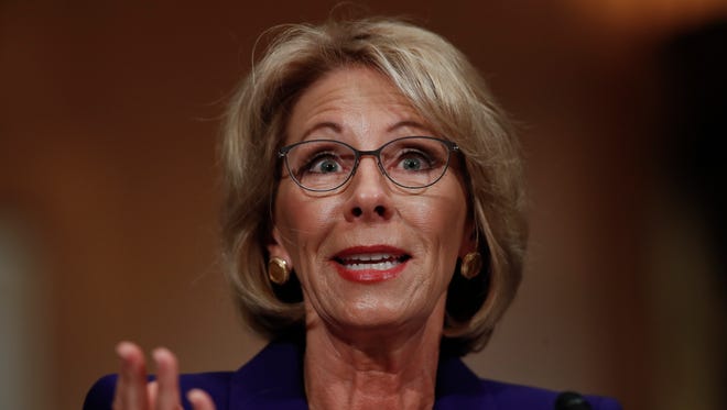 Education Secretary-designate Betsy DeVos testifies on Capitol Hill in Washington, Tuesday, Jan. 17, 2017, at her confirmation hearing before the Senate Health, Education, Labor and Pensions Committee.