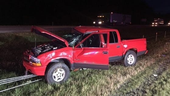 A mother and baby were injured Tuesday night in an accident involving this Chevrolet S-10 pickup truck on Interstate 70 near Centerville.