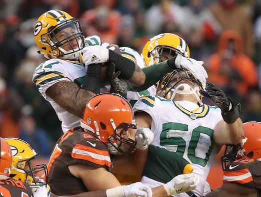 Green Bay Packers strong safety Josh Jones (27) leaps