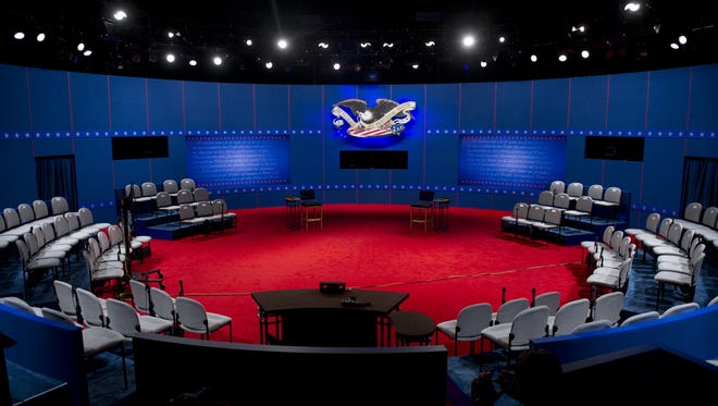 The stage is set for the presidential debate at the David Mack Center at Hofstra University in Hempstead, N.Y., on Oct. 16, 2012.
