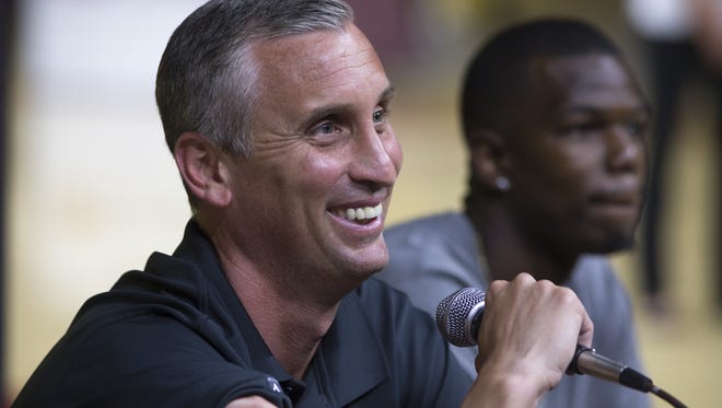 ASU's new head basketball coach Bobby Hurley answers questions, June 18, 2015, during a "Fan Conference" at Wells Fargo Arena, 600 E Veterans Way, Tempe.