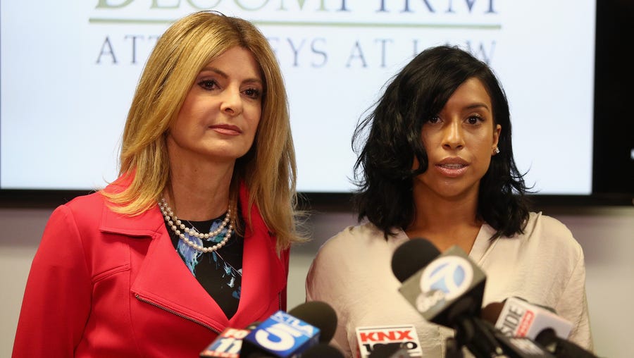 Lisa Bloom (left), lawyer for Montia Sabbag, speaks regarding the alleged attack on her client's character after accusations that Sabbag attempted to extort comedian Kevin Hart.