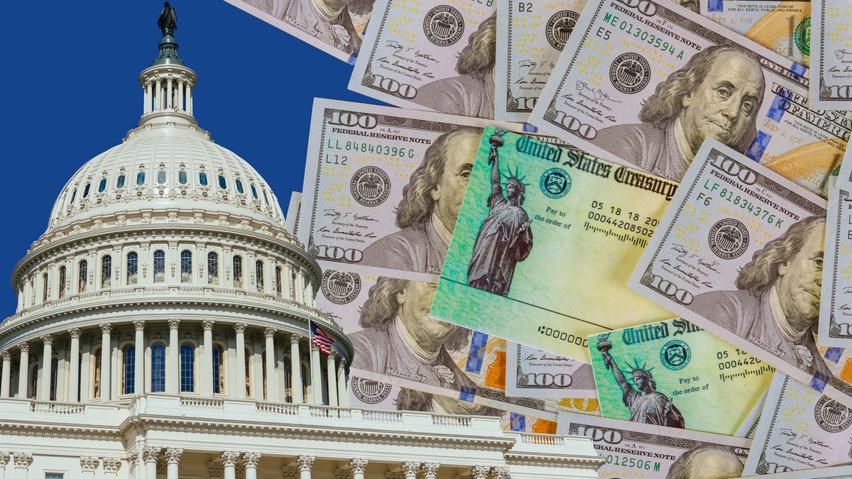 An image of the Capitol building in Washington, D.C., next to a messy pile of one hundred dollar bills and economic stimulus checks from the Treasury Department.