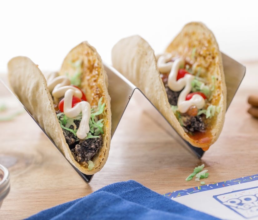 Pop-Tarts Tacos use chopped Cookies & Creme Pop-Tarts as the filling. The sour creme is actually frosting.