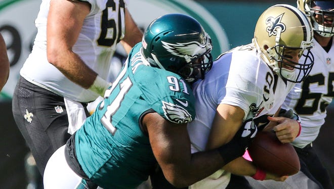 Philadelphia Eagles defensive end Fletcher Cox sacks Saints quarterback Drew Brees.