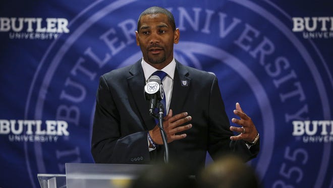 LaVall Jordan speaks to the crowd gathered after being introduced as the Butler menÕs basketball coach at Hinkle Fieldhouse on Wednesday, June 14, 2017.